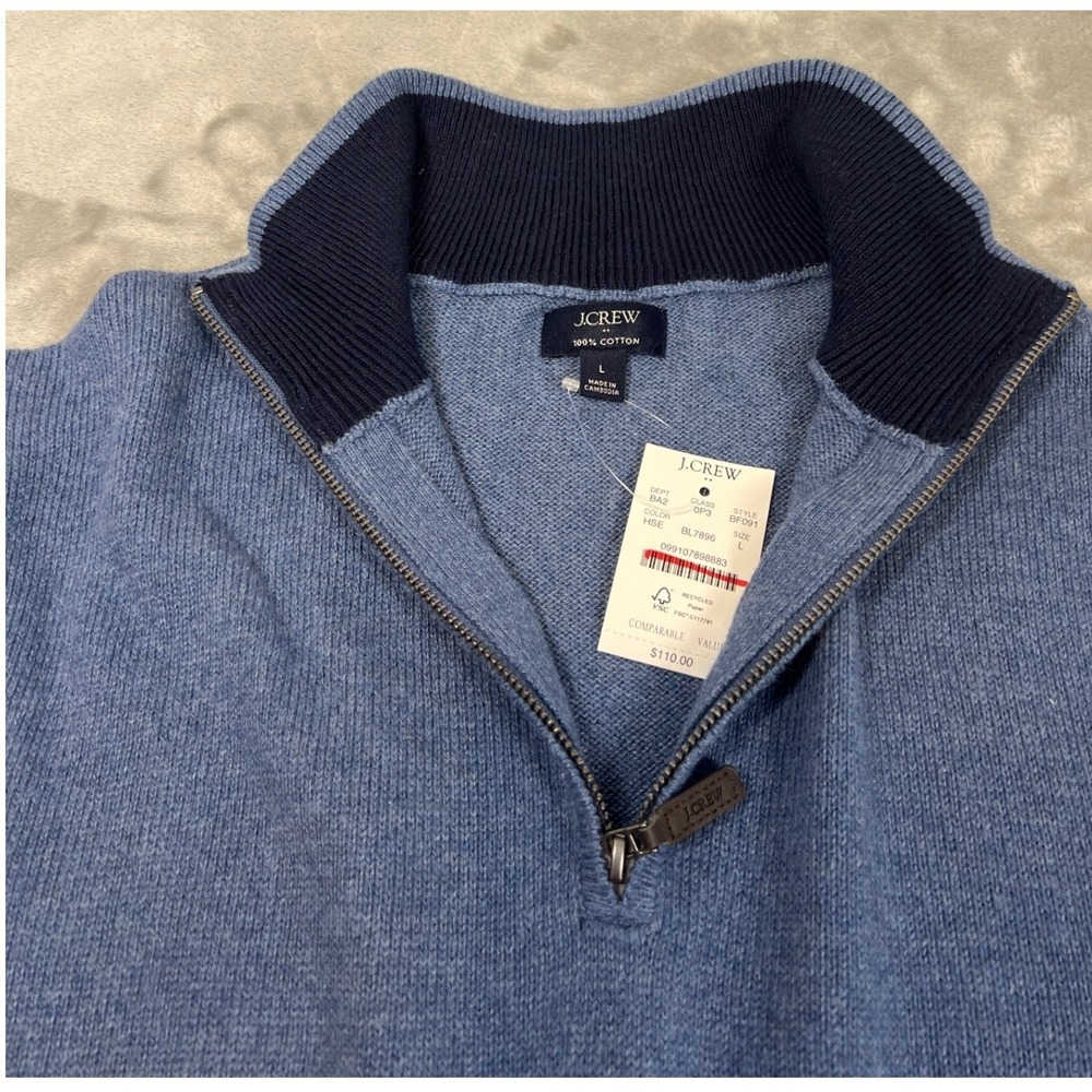 J.Crew Cotton Quarter Zip Sweater Heather Blue Mock Neck Pullover Mens L NWT